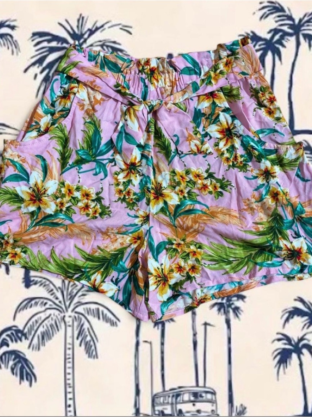 Knitworks Women’s Shorts Pink Tropical Floral High-Waist Retro Beach NWOT Sz M
